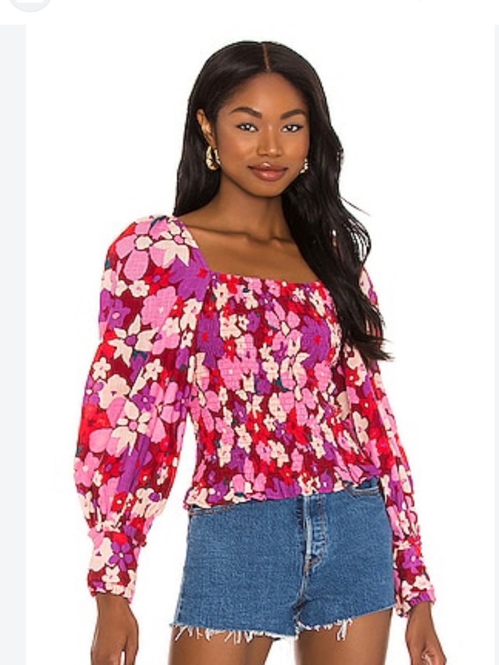 Free People | Ariana Floral Smocked Top Blouse  Balloon Sleeves Pink Purple XS